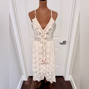 Boho Ivory Lace Midi Dress with Pom Pom Tassel Tie | Adjustable Straps